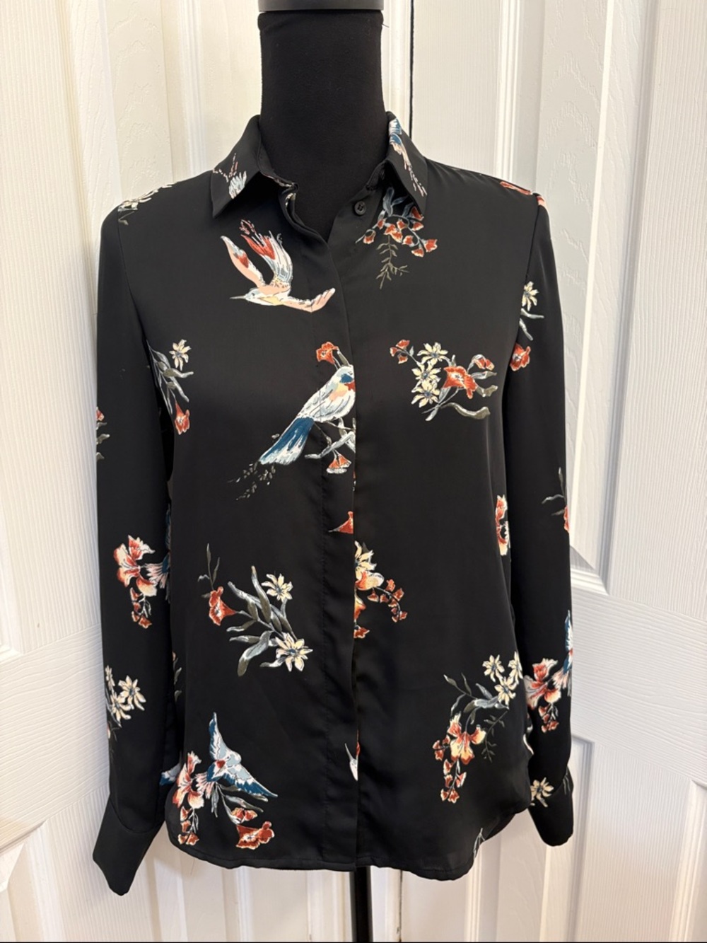 H&M Black Floral & Bird Button-Up Blouse